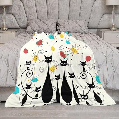 Mid Century Modern Throw Blanket, Atomic Black Cat Starbursts Iconic Sputnik Retro Abstract Geometric 1950s 1960s Throw for Adults Kids Pet, Beige Black 50"x60"