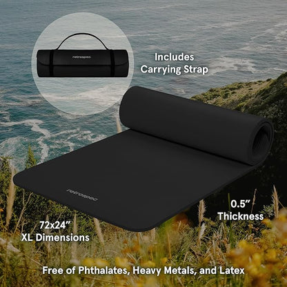 Retrospec Solana Yoga Mat Thick 1/2in Non-Slip Workout Mat with Nylon Strap - 72x24in Exercise Mat for Pilates, Stretching & Fitness - BPA Free, Easy Clean