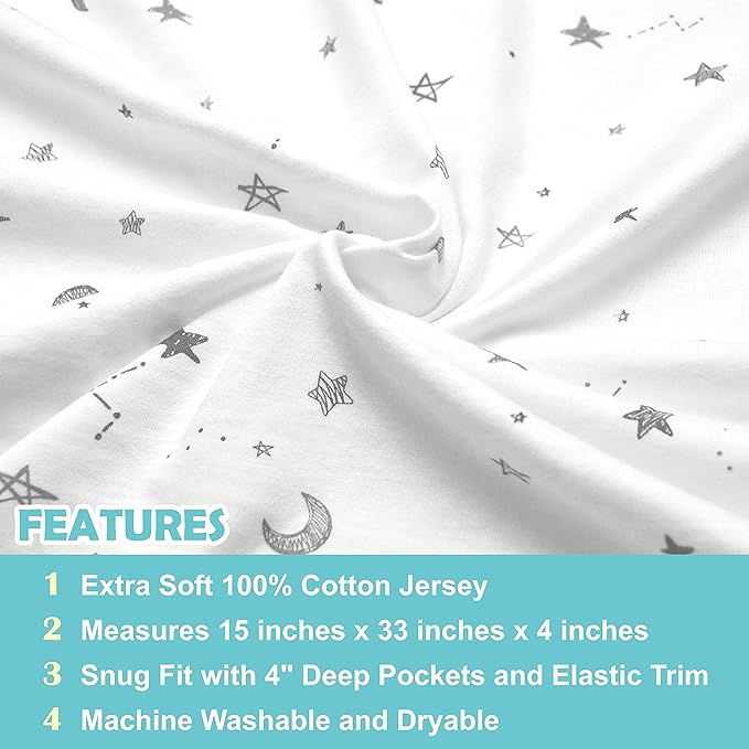 American Baby Company 15" x 33" Fitted Bassinet Sheet, Printed 100% Natural Cotton Jersey Knit, Grey Star and Moon, Soft Breathable, for Boys and Girls (Pack of 2)