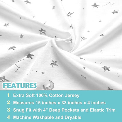 American Baby Company 15" x 33" Fitted Bassinet Sheet, Printed 100% Natural Cotton Jersey Knit, Grey Star and Moon, Soft Breathable, for Boys and Girls (Pack of 2)