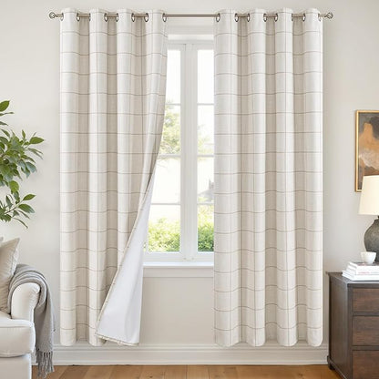 Linen Blackout Curtains for Living Room - Plaid Patterned Curtains 72 Inch Long, Boho Black Out Thermal Insulated Drapes for Cottage Bedroom Grommet Style 52x72 Inch 2 Panels, Natural