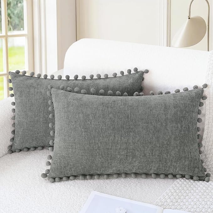 CaliTime Throw Pillow Covers Decorative 20 X 12 Inches Pack of 2 Cozy Solid Dyed Soft Chenille Cushion Cases with Pom Poms for Couch Sofa Bed Living Room Home Medium Grey