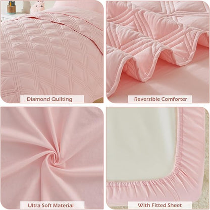 4 Piece Toddler Bedding Set for Girls Pink Geometric Stitched Soft Microfiber Crib Bed Sheets Set Lightweight Quilted Comforter Set for Baby | Include Comforter, Flat Sheet, Fitted Sheet, Pillowcase