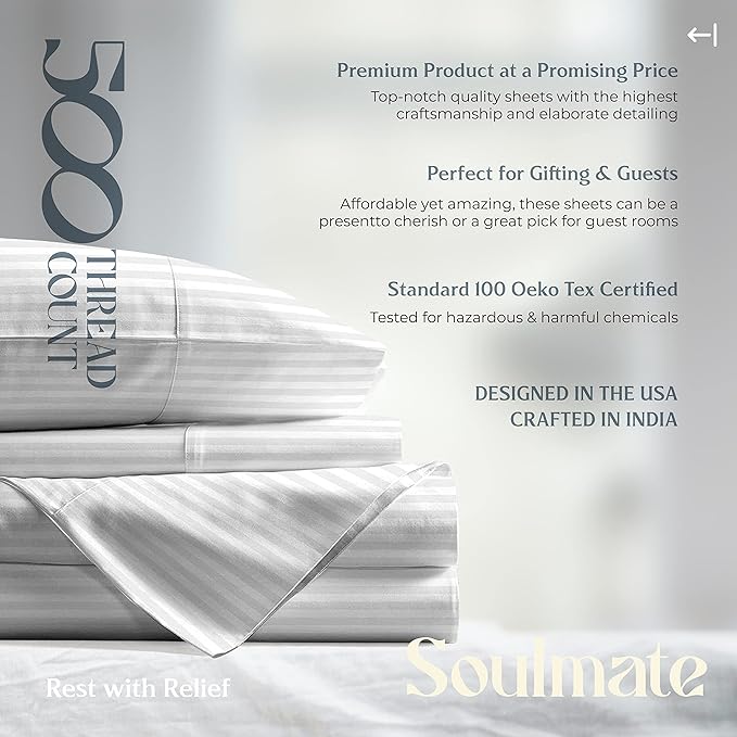 Mayfair Linen 100% Cotton Striped Sheets Full Size Bed Set - 500 Thread Count Damask Sheets Full Size 4 PC Set (White Stripe), Soft, Cooling, Sateen Weave Hotel-Quality 16" Deep Pocket Bedsheet