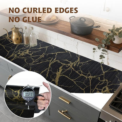 2-Layer Drawer and Shelf Liner for Kitchen Cabinet: 12in X 20Ft Non Slip Waterproof Shelf Paper Non Adhesive Refrigerator Liners Black/Gold Marble Easy Liners for Bathroom with Knife Tape Measure