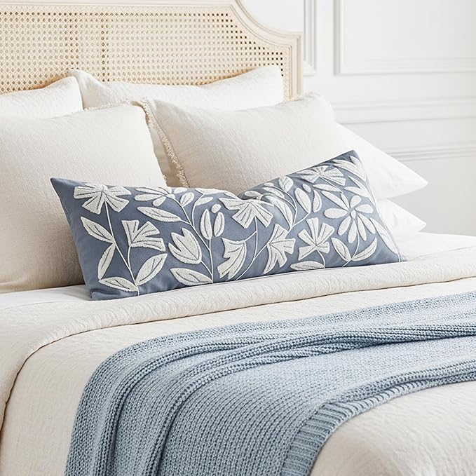 BlissBlush Blue Velvet Decorative Lumbar Pillow Cover 14x36, Soft Long Body Pillow for Bed, Accent Lumbar Throw Pillow for Bedroom, Modern Farmhouse Textured Pillowcase