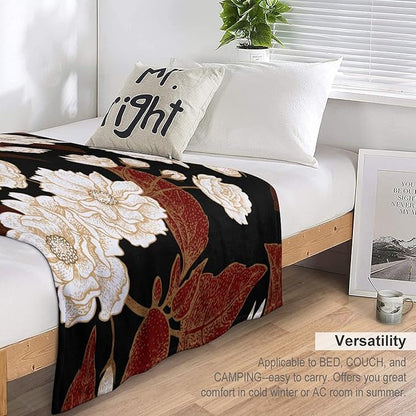 Red Gold Floral Blanket, Boho Dark Flower Leaves Chinese Plum Blossoms Botanical Vintage Throw Blanket for Bed Living Room Bedding Couch Soft Lightweight Warm Cozy Decor, 60"x80"