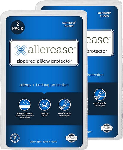 Set of 2 Standard/Queen AllerEase Pillow Protectors - Moisture Wicking, Advanced Allergy Protection - Premium Polyester, Zippered Protectors