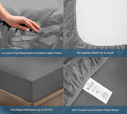 Royale Linens 400 Thread Count 100% American Grown Cotton Fitted Sheet Full Size - All Around Elastic Fitted Sheets - Luxury Sateen Weave - Snug Fit Bottom Sheet Fit Up to 16 Inch (Full,Spanish Slate)
