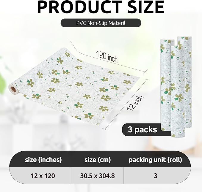 RAY STAR 12X120 Inch Shelf Liner for Kitchen Cabinets, Non-Adhesive Cabinet Liner Washable, PVC Drawer Liner for Dresser Non-Slip Bathroom (Green-Floral)(3 Roll)