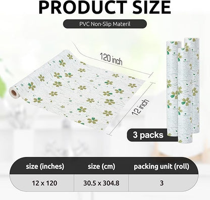 RAY STAR 12X120 Inch Shelf Liner for Kitchen Cabinets, Non-Adhesive Cabinet Liner Washable, PVC Drawer Liner for Dresser Non-Slip Bathroom (Green-Floral)(3 Roll)