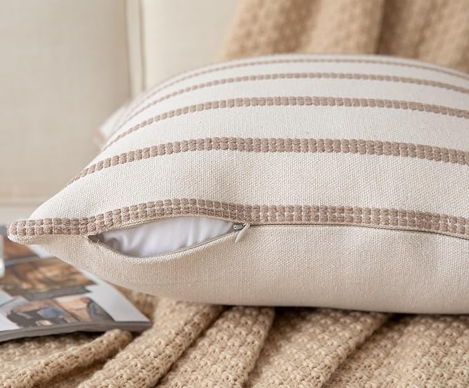 Caflife Boho Throw Pillow Covers 18x18 Set of 2 Soft Farmhouse Decorative Couch Pillow Cases Beige Striped Pillow Covers Neutral Cushion Covers for Sofa Bed Living Room Home Decor