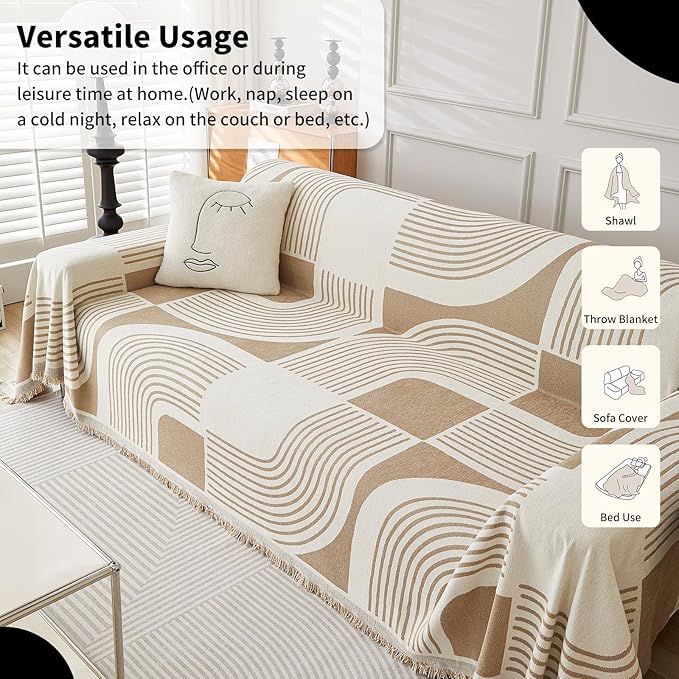 Boho Couch Cover Sofa Covers Washable, Chenille Couch Covers for 3 Cushion Couch Sofa Pet Friendly, Bohemian Sofa Slipcovers for Sectional Sofa, Loveseat, 2 3 4 Seater (91" x 150", Khaki)