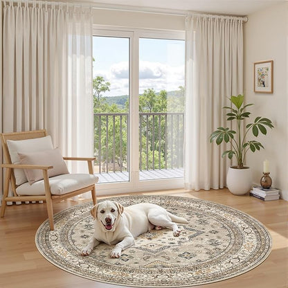 6ft Round Vintage Living Room Area Rug - 6x6 Large Soft Washable Oriental Traditional Distressed Farmhouse Rugs for Bedroom - Indoor Floor Accent Carpet for Home Office House Decor - Beige