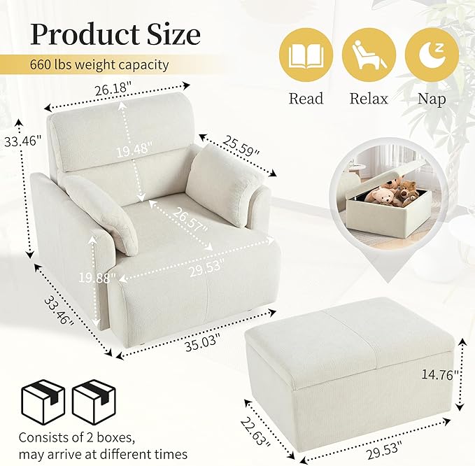 Modern Oversized Accent Chair with Storage Ottoman & Side Pillows, Snowflake Fleece Upholstered Chaise Lounge Chair, Deep Seat Reading Chair for Living Room, 350lbs Capacity