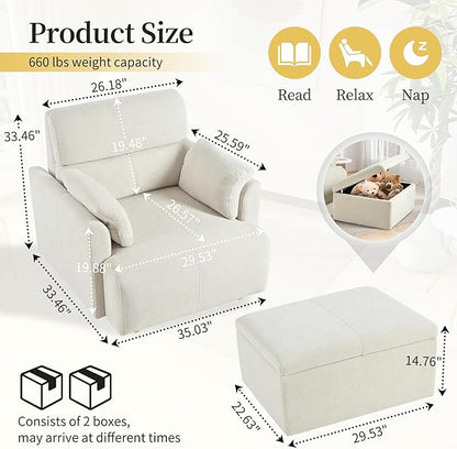 Modern Oversized Accent Chair with Storage Ottoman & Side Pillows, Snowflake Fleece Upholstered Chaise Lounge Chair, Deep Seat Reading Chair for Living Room, 350lbs Capacity