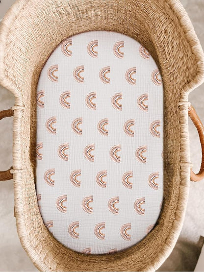 Bassinet Sheet for Baby Boy and Girl, Fitted Sheets for Rectangle, Oval, Hourglass Bassinet Mattress, Muslin Moses Basket Sheets with Neutral Style (Rainbow)