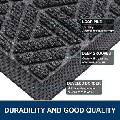 Smiry Front Door Mat Outside Entrance, Heavy Duty Sturdy Natural Rubber Doormat, Trap Dirt and Moisture, Easy Clean Low Profile Mats for Indoor Outdoor Entry, Grid Geometric (59x24, Grey)