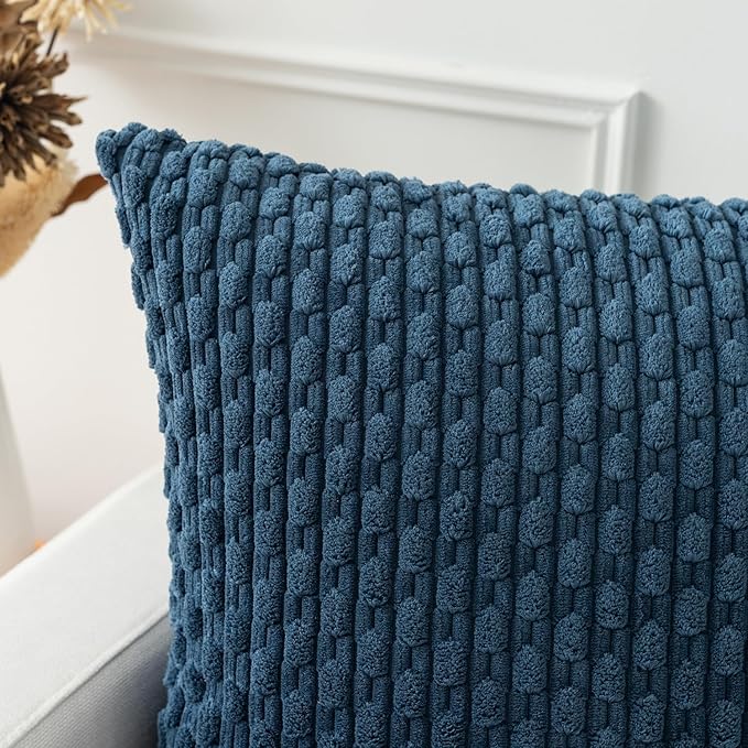 Kevin Textile 14x36 Inch Long Lumbar 1 Pack Boho Decorative Throw Pillow Cover Soft Striped Corduroy Rectangle Cushion Case Farmhouse Solid Color Accent for Living Room Couch Sofa Bed, Blue