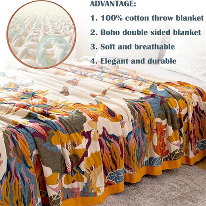 MSGKV Boho Throw Blanket 60''x80'',100% Cotton Blankets for Couch Bed,Cotton Quilt Travel Muslin Blankets Farmhouse Home Decor Soft Lightweight Picnic Blanket