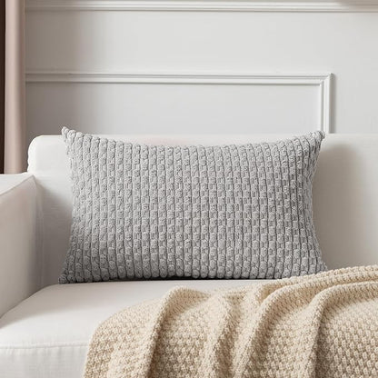 Kevin Textile 12x24 Inch Pillow Cover 1 Pack Boho Decorative Soft Striped Corduroy Lumbar Farmhouse Solid Color Accent Rectangle Cushion Case for Living Room Couch Sofa Bed, Light Grey