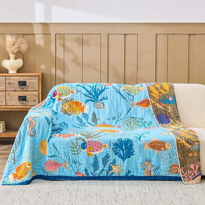 Blue Boho Blanket, 50"x60" Soft Farmhouse Decorative Throw Blanket, 100% Cotton Reversible Vintage Muslin Quilt Bohemian Decor Woven Blanket All Season Blankets for Sofa Couch Chair