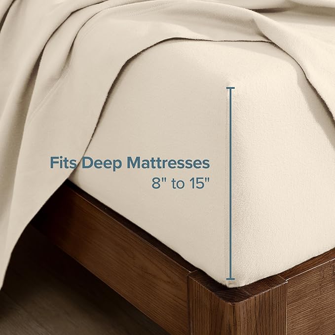 Bare Home Flannel Fitted Bottom Sheet 100% Cotton, Velvety Soft Heavyweight - Double Brushed Flannel - Deep Pocket (Full, Sand)