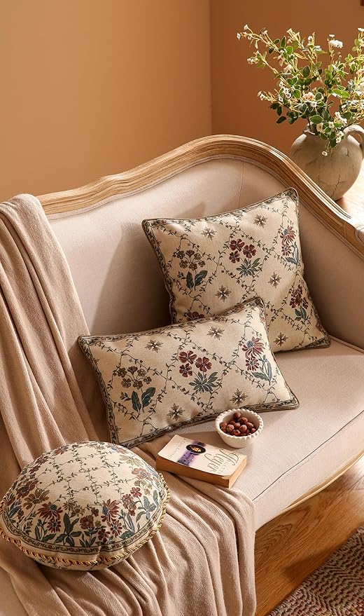 patdrea Designer Throw Pillow Covers,Rectangle Vintage Light Brown Linen with Floral Pattern Pillow Cover,Decorative Lumbar Pillowcases Cushion for Bed Living Room Outdoor Car,12"x20"