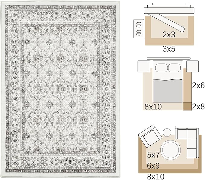 jinchan Floral 6x9 Area Rugs for Living Room - Machine Washable Vintage Distressed Boho Design Throw Rug Stain Resistant Carpet Low-Pile Thin Non-Slip for Bedroom Dining Room Nursery (6‘x9', Beige)