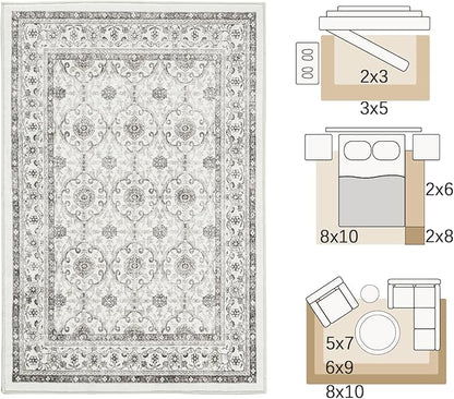 jinchan Floral Area Rugs 4x6 - Machine Washable Vintage Distressed Boho Design Throw Rug Stain Resistant Carpet Low Pile Ultra-Thin Non-Slip for Bedroom Living Room Dining Room Kitchen (4‘x6', Beige)