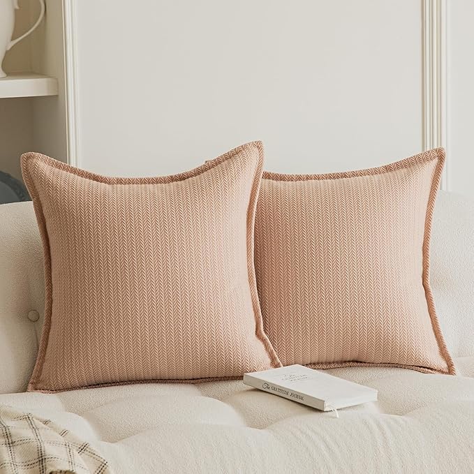 Set of 2 Cozy Striped Herringbone Flange Throw Pillow Covers, Aesthetic Embossed Pattern Pillow Covers for Couch and Bed - 18"x18", Melon
