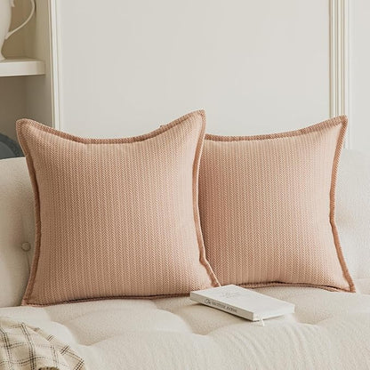 Set of 2 Cozy Striped Herringbone Flange Throw Pillow Covers, Aesthetic Embossed Pattern Pillow Covers for Couch and Bed - 18"x18", Melon