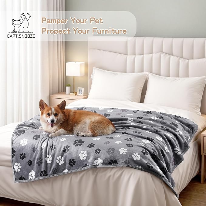 Waterproof Dog Blankets Pet Blanket, Soft Fluffy Sofa Car Bed Protector, Reversible Sherpa Fleece Dog Blanket for Large Dogs (Dark Grey-Paws, 50"x60")
