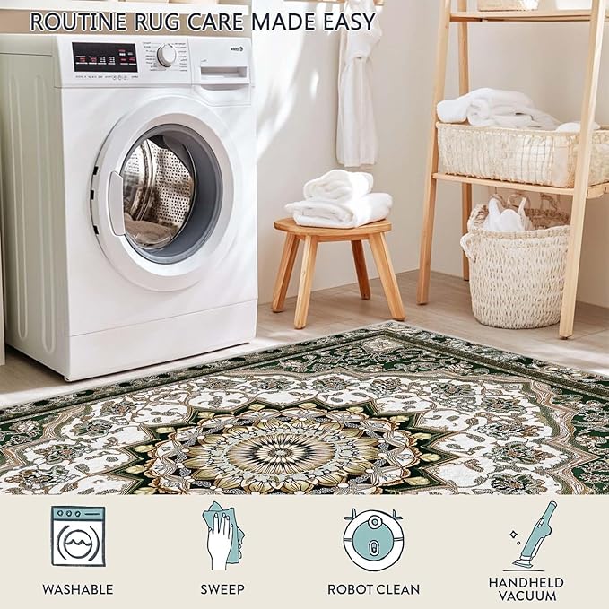 8x10 Traditional Oriental Area Rug White Dark Green Rug Non Slip Low Pile Large Carpet for Home Kitchen Living Room Bedroom Dining Room Office
