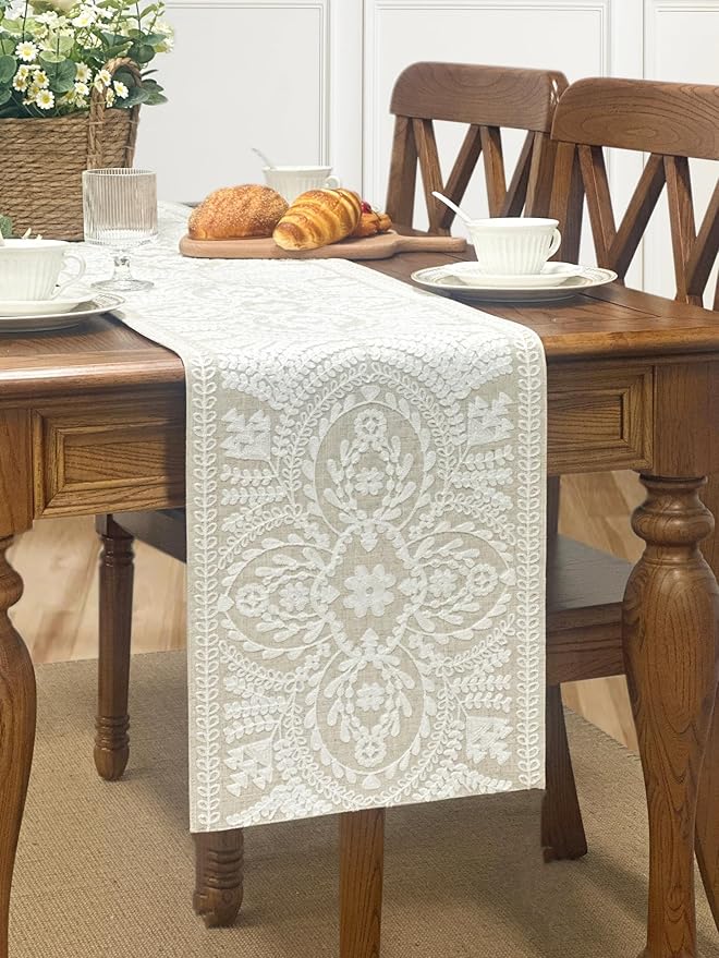 KEVA Boho Table Runner 110inches Long, Farmhouse Rustic Vintage White Embroidered Table Runners 13x110 Inch for Dining Table Decorations