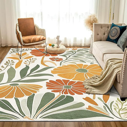 9CH Floral Botanical Aesthetic Area Rugs 7' X 5' Green Terracotta Abstract Flowers Plants Carpets Non-Slip Soft Boho Modern Rug for Bedroom Dining Living Room Kitchen