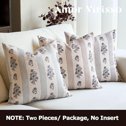 Amor Virisso Floral Throw Pillow Covers 20x20 Set of 2 Block Print Pillow Covers Neutral Floral Striped Farmhouse Decorative Pillow Covers for Sofa Couch Bed, Light Taupe
