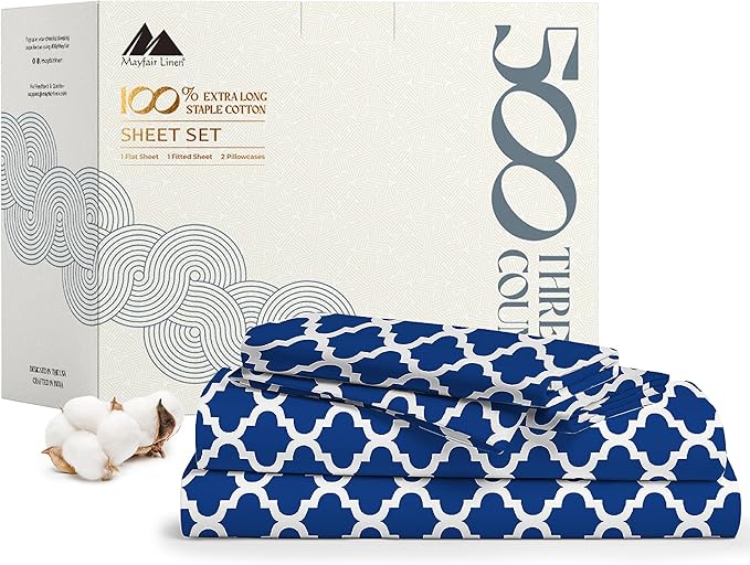 Mayfair Linen 100% Cotton Printed Bed Sheets King Size Set - 500 Thread Count Cotton Sheets for King Size Bed, 4 PC Set (Quatrefoil - Navy), Soft, Cooling, Sateen Weave 16" Deep Pocket Bedsheet