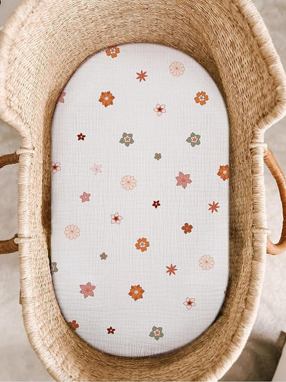 Bassinet Sheet for Baby Boy and Girl, Fitted Sheets for Rectangle, Oval, Hourglass Bassinet Mattress, Muslin Moses Basket Sheets with Neutral Style (Flower-B)