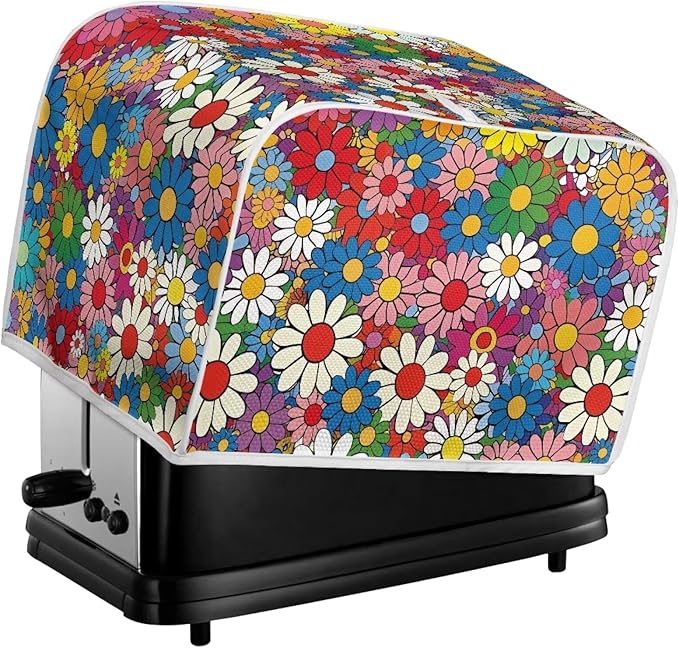 Daisy Flowers Printed Toaster Cover 4 Slice Wide Slot, Washable Kitchen Appliance Small Oven Bakeware Protector, Bread Maker Cover Dust and Fingerprint Protection