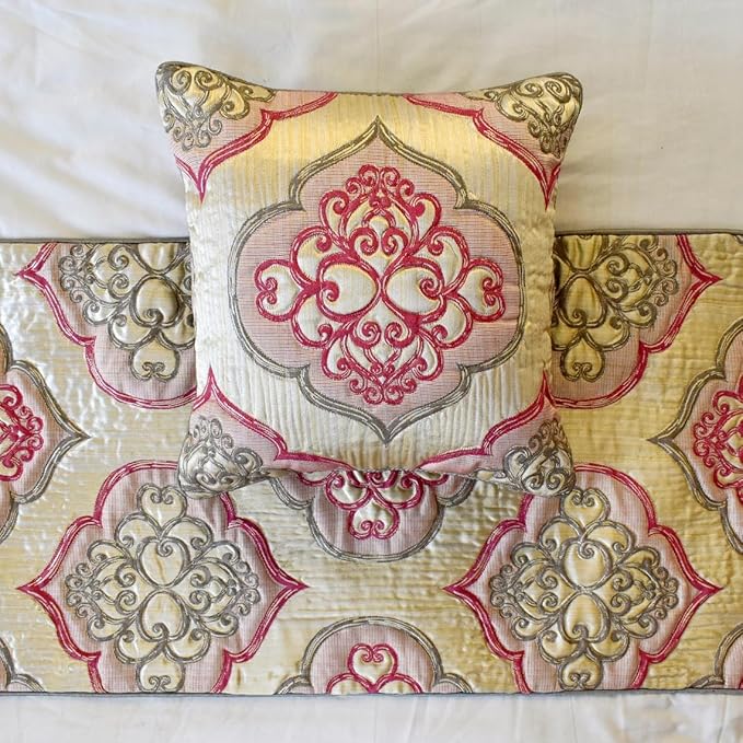 The HomeCentric King/Queen/Twin Pink Designer Twin 53"x18" Bed Runner Without Pillow Cover, Quilted & Damask Bed Scarf on Silk Fabric - Emre