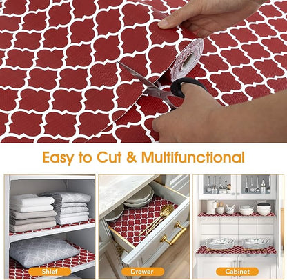 Shelf and Drawer Liner for Kitchen Cabinets Non-Adhesive, Strong Grip Non-Slip Thickened Cabinet Liners for Shelves, Waterproof Mats for Dresser Cupboard, Red/White, 17 in x 30 Feet
