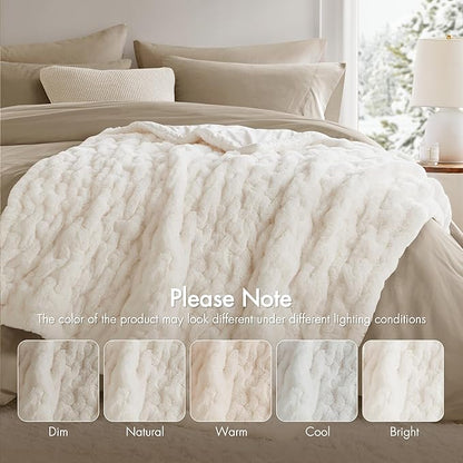 Madison Park Ruched Fur Luxury Throw Premium Soft Cozy Brushed Long Faux Fur For Bed, Couch or Sofa , 50x60" , Ivory