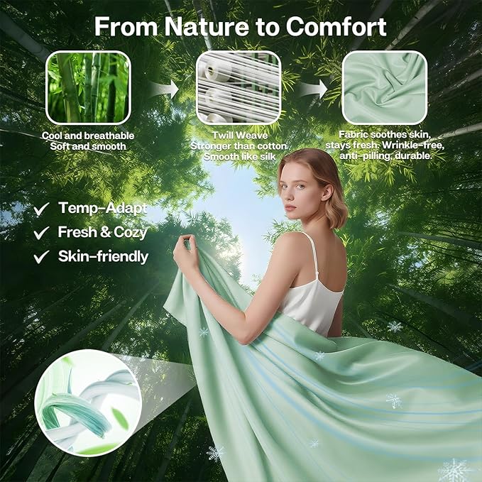 MR&HM Full Fitted Sheet Only, Ultra-Soft Rayon Derived from Bamboo & Polyester Blend, Silky & Breathable, 15" Deep Pocket with Elastic Straps, Cooling Fitted Sheet for Hot Sleepers, Sage Green
