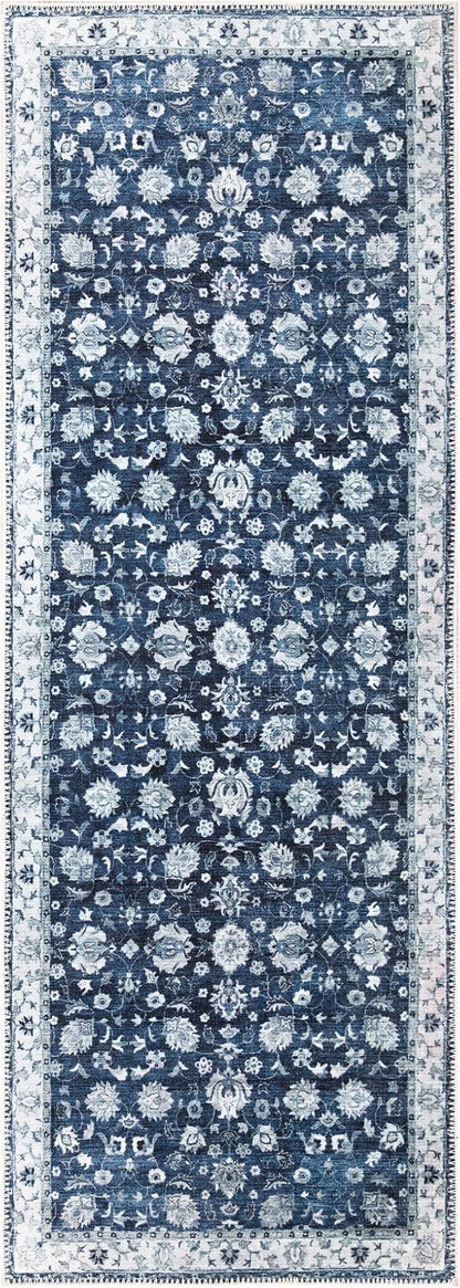 Bloom Rugs Washable Non-Slip 7 ft Runner - Dark Blue Traditional Bordered Runner for Entryway, Hallway, Bathroom, and Kitchen - Exact Size: 2.5' x 7'