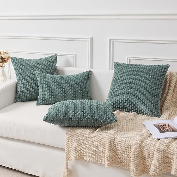Kevin Textile 14x22 Inch Pillow Cover 1 Pack Boho Decorative Soft Striped Corduroy Lumbar Farmhouse Color Accent Rectangle Cushion Case for Living Room Couch Sofa Bed, Teal Green