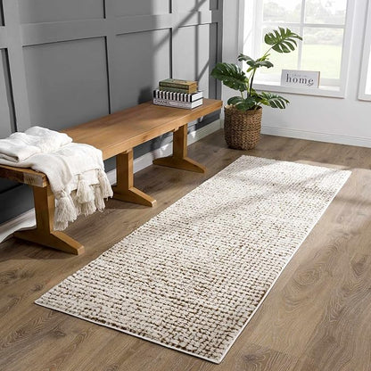 Hauteloom Keita Contemporary Mosaic Runner Rug - High Pile Fluffy Soft Shag Carpet for Hallway, Kitchen - Cream, Brown - 2'8" x 7'3" Runner
