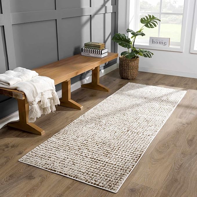 Hauteloom Keita Contemporary Mosaic Area Rug - High Pile Fluffy Soft Shag Rug for Living Room, Bedroom, Dining Room - Cream, Brown - 8'10"12