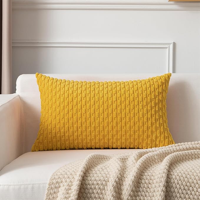 Kevin Textile 12x20 Inch Pillow Cover 1 Pack Boho Decorative Soft Striped Corduroy Lumbar Farmhouse Color Accent Rectangle Cushion Case for Living Room Couch Sofa Bed, Mustard Yellow