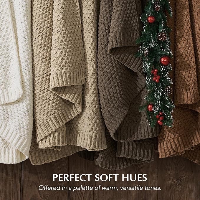 EVERGRACEHOME Chunky Chenille Knit Throw Blanket for Couch, Soft Luxurious Moss Stitch Blankets for Bed, Cozy Decorative Farmhouse Knitted Throws for Sofa, Mocha Brown, 50" x 60"
